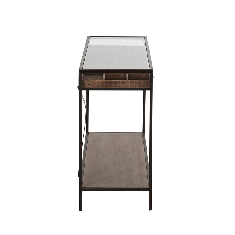 Meuble console avec tiroir vintage en verre, bois et métal noir - Boli