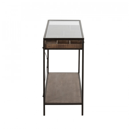 Meuble console avec tiroir vintage en verre, bois et métal noir - Boli