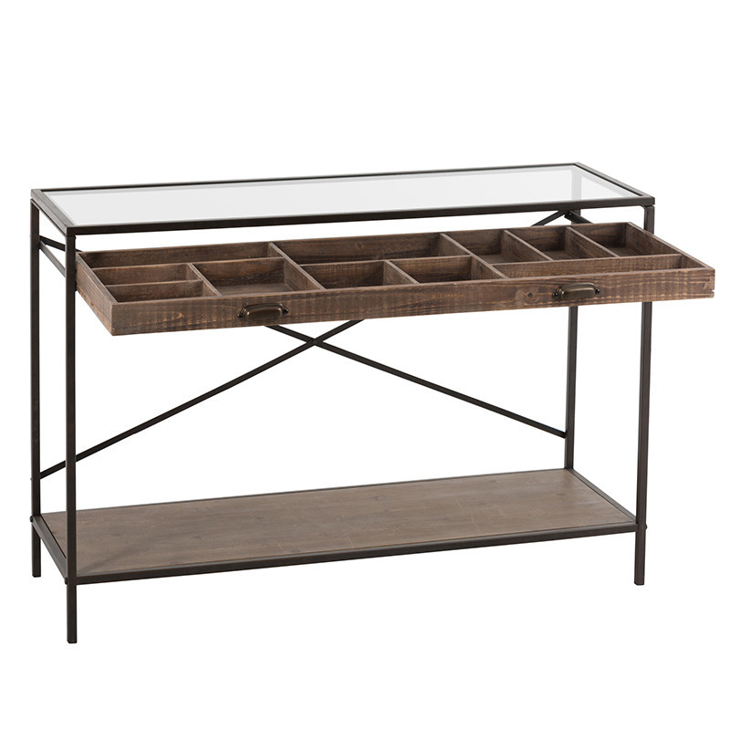 Meuble console avec tiroir en verre, bois et métal noir - Boli