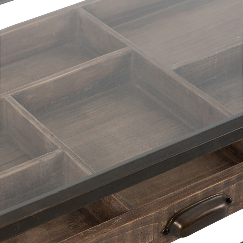 Console meuble vintage avec tiroir en verre, bois et métal noir - Boli