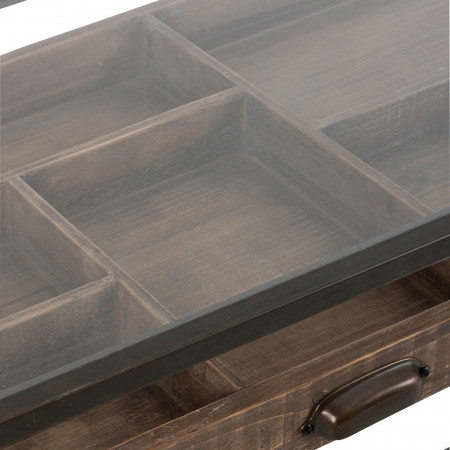 Console meuble vintage avec tiroir en verre, bois et métal noir - Boli