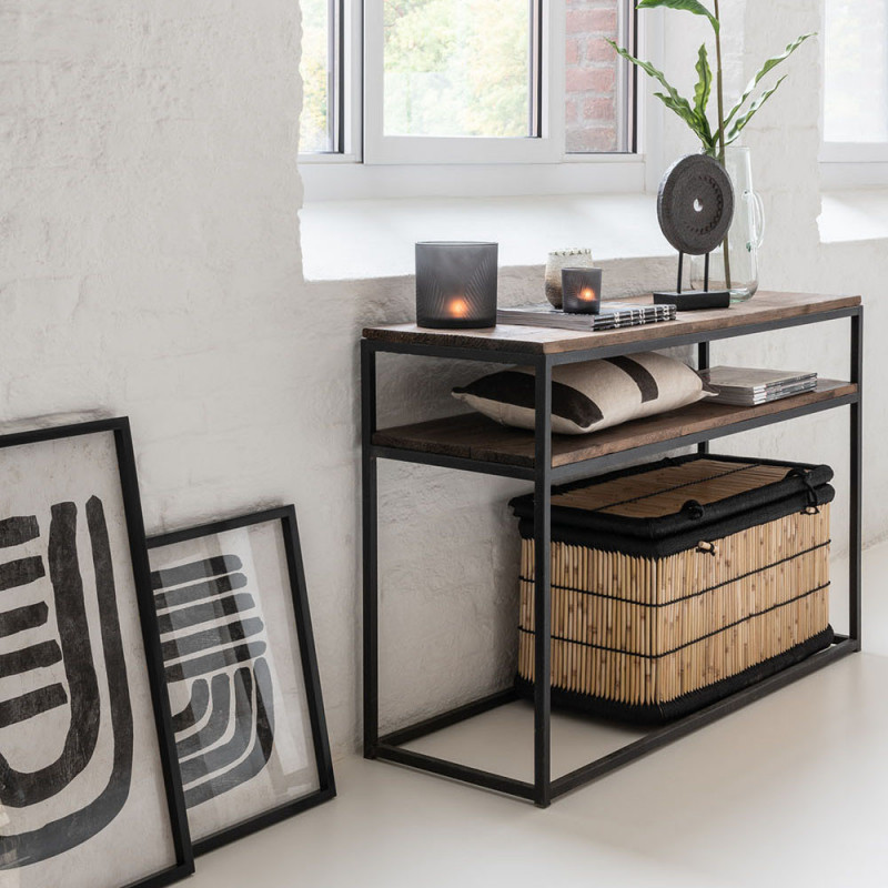 Console meuble bois métal avec 2 étagères - Sofia