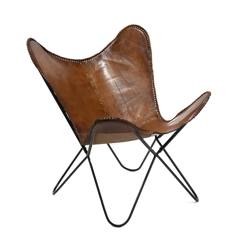 Fauteuil papillon en croute de cuir marron - Butterfly 