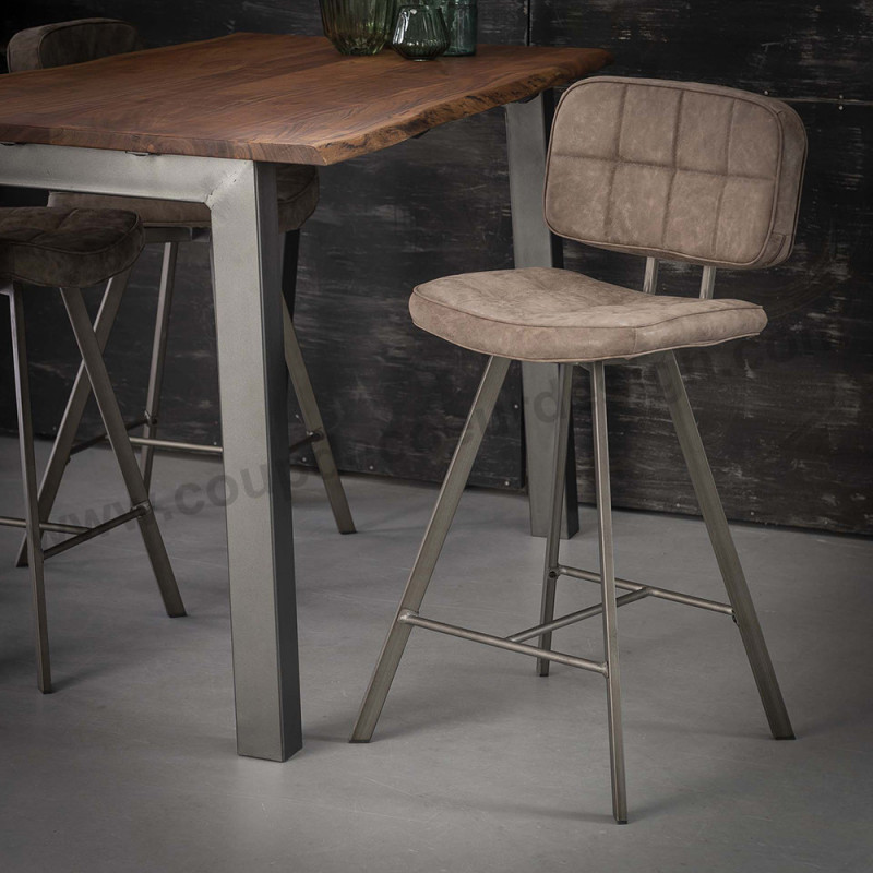 Tabouret de bar industriel vintage marron assise matelassé - Brux 