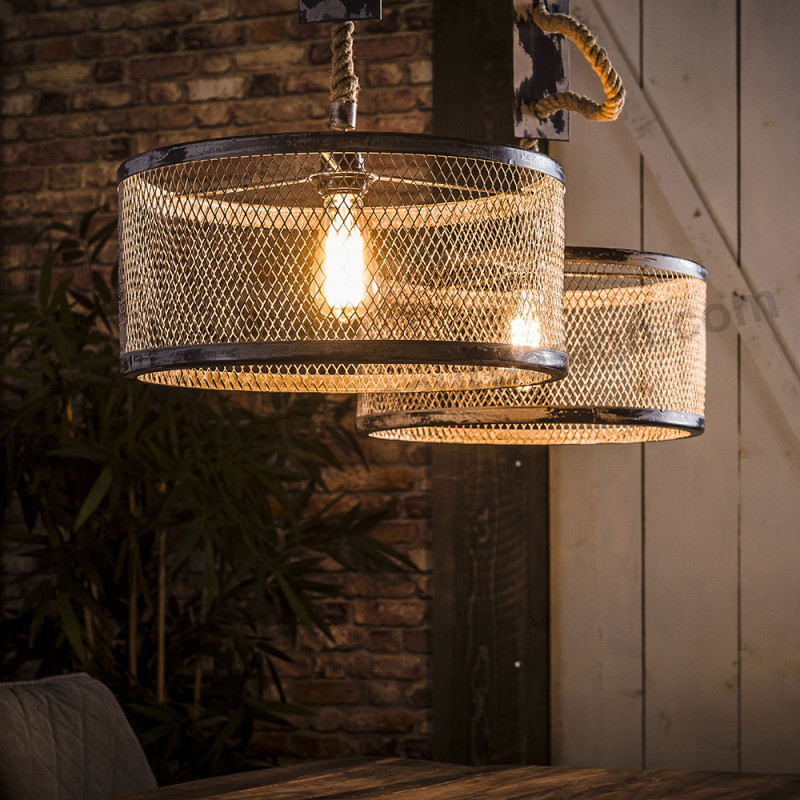 Lustre industriel corde et métal 2 abat-jour - Dina 