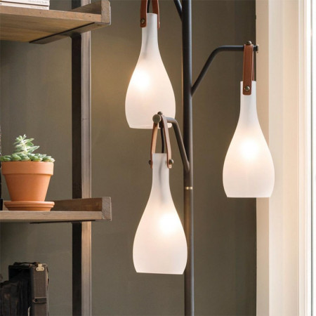 Lampadaire interieur design abat-jours suspendus lanières en cuir - Nada 