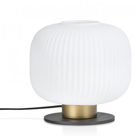 Lampe à poser design sphére blanche socle métal noir et doré - Jonah 