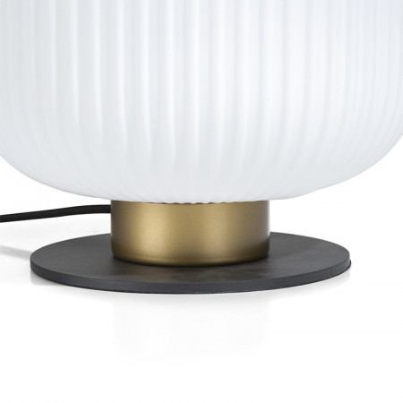 Lampe à poser design sphére blanche socle métal noir et doré - Jonah 