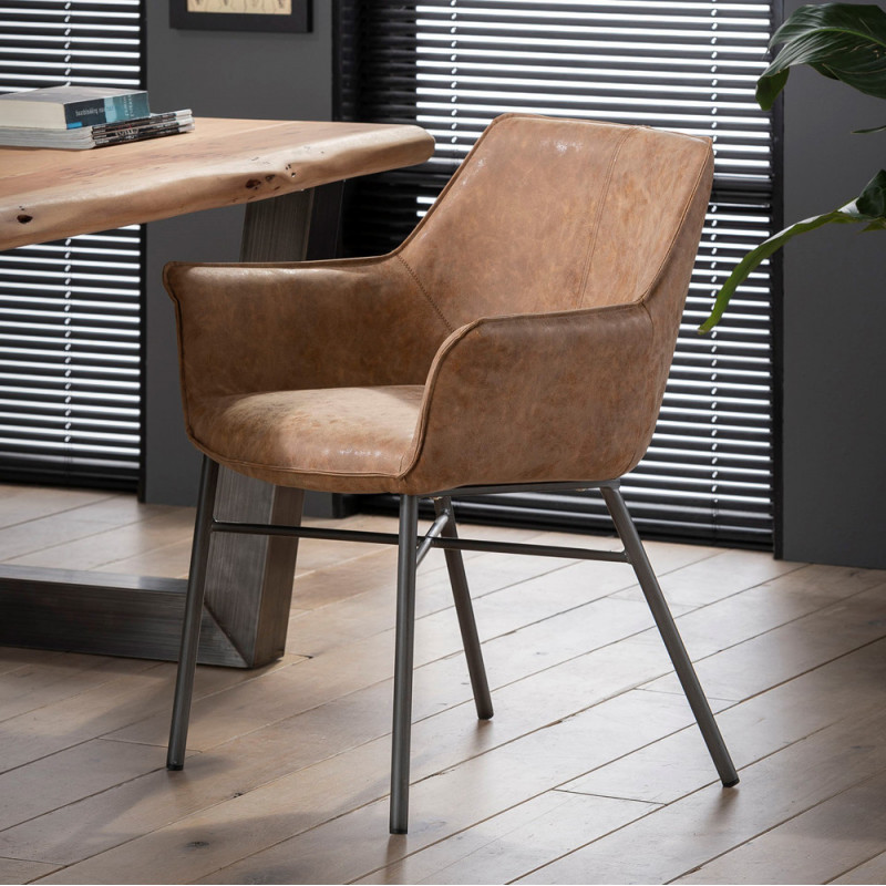 Chaise design style industriel en simili cuir marron avec accoudoirs - Vex Chaise design style industriel en simili cuir marron avec accoudoirs - Vex